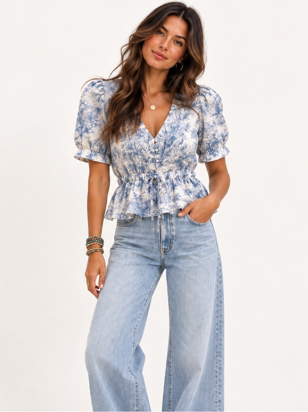 1. State Blue Floral Peplum Puff-Sleeve Blouse
